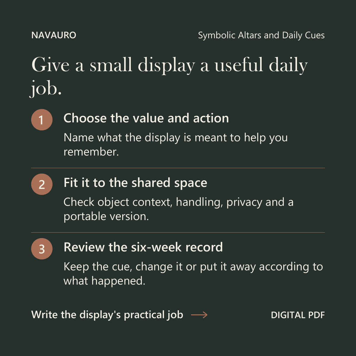 NAVAURO Symbolic Altars and Daily Cues: Give a small display a useful daily job. Digital PDF.