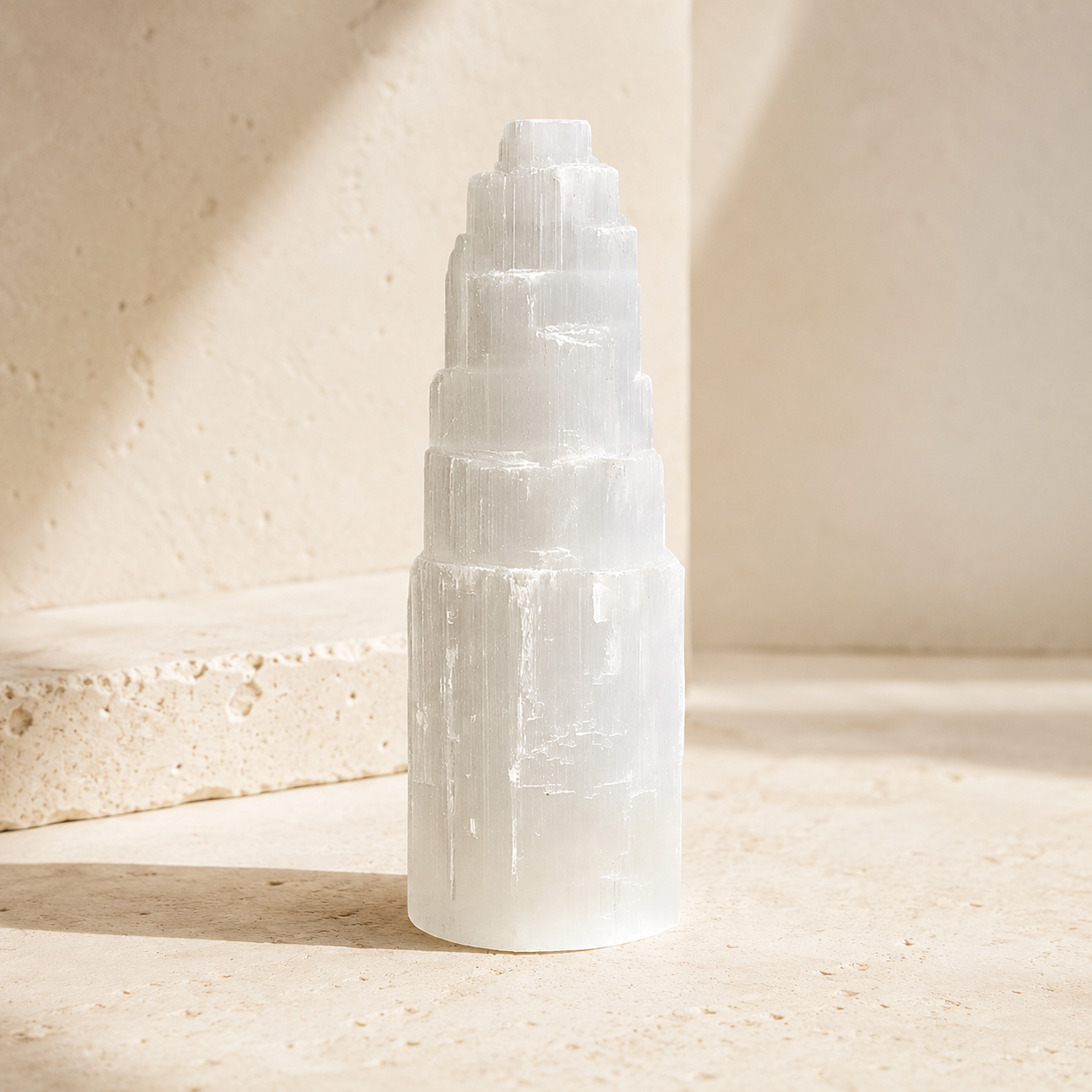 Natural white selenite castle tower on warm ivory limestone