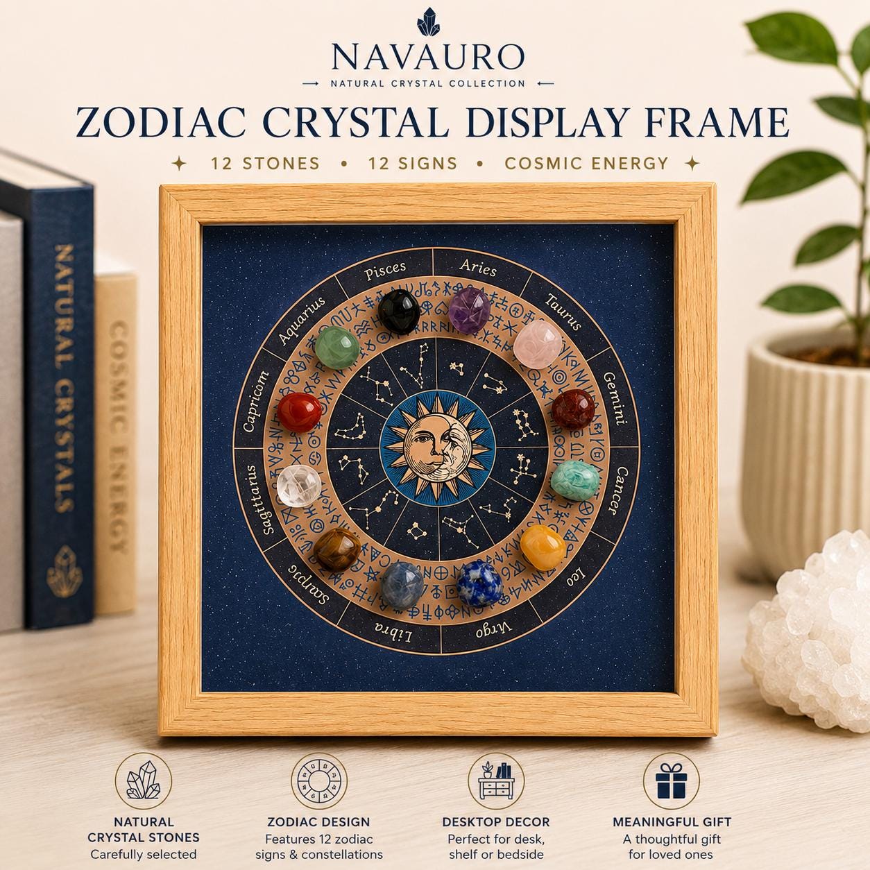 NAVAURO Zodiac Crystal Display Frame with twelve polished stones and navy zodiac chart